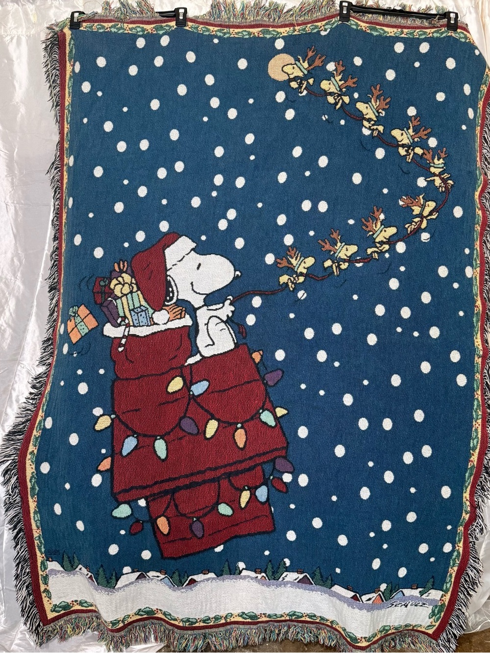 VTG Peanuts Snoopy Christmas Woven Tapestry/Thrw/Blankt Fringe Holiday Woodstock